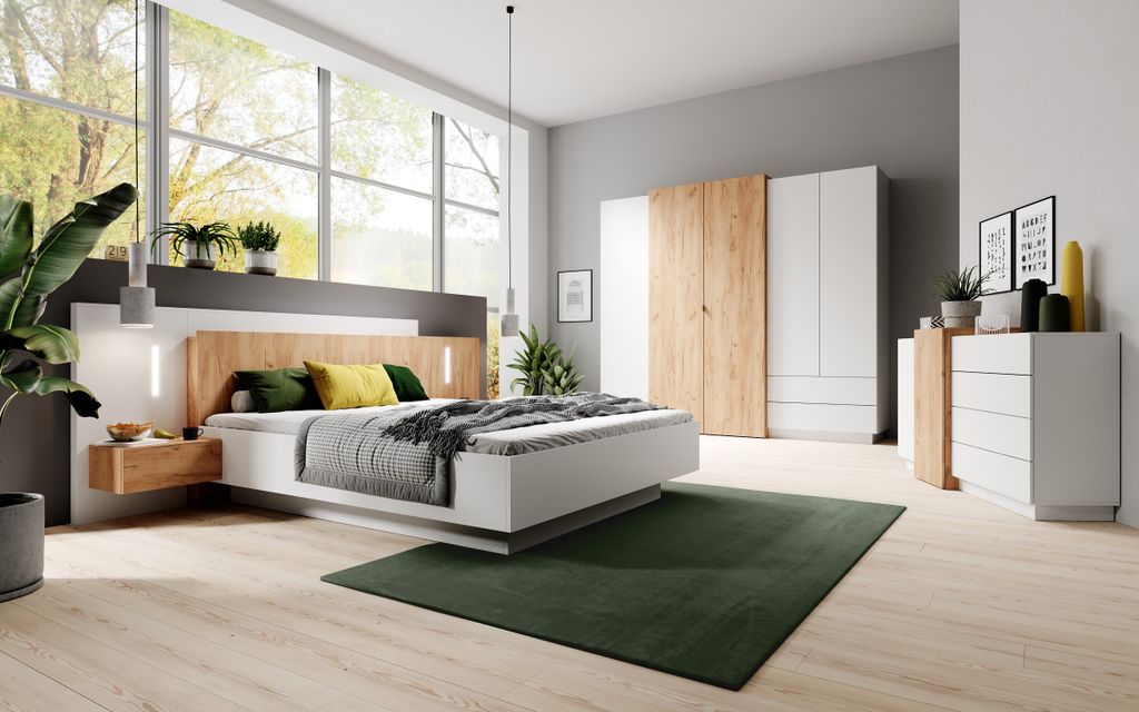 Design Möbel -3D Schlafzimmer-Set 3-teilig - Bett mit zwei Nachttischen, großer Kleiderschrank mit Spiegel, Kommode - Schrank - Einlegebode - Hei...