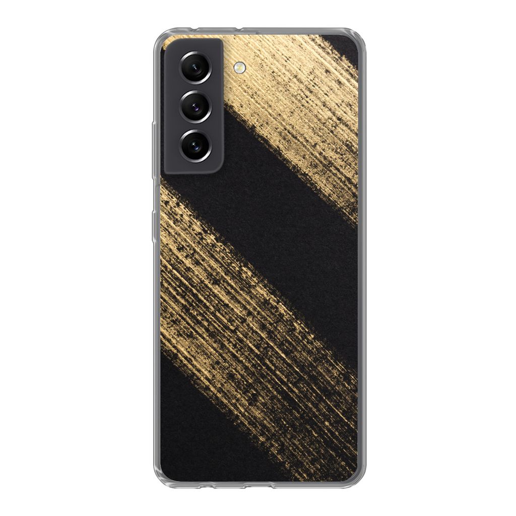 MuchoWow Handyhülle Schutzhülle Hülle für Samsung Galaxy S21 FE Goldene Farbstreifen auf schwarzem Hintergrund Silikon Softcase Handy Hülle ...