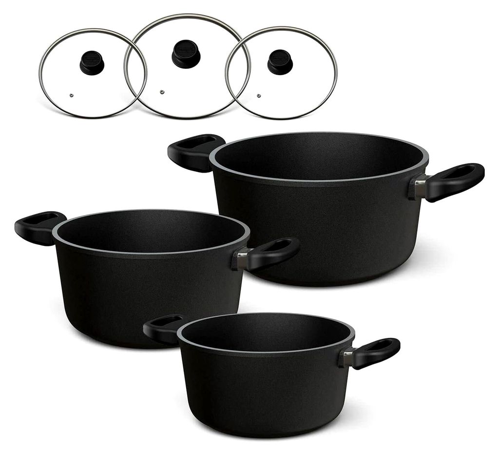 Induktions-Topfset mit Glasdeckel, 6-teilig, für alle Herdarten, auch Induktion, Töpfe aus Deutschland, 100% verzugsfrei