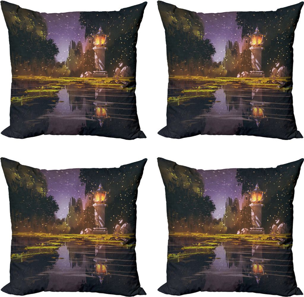 ABAKUHAUS Landschaft Kissenbezug Set (4 Stück), Laterne Wald Nacht, Moderner Doppelseitiger Digitaldruck, 40 cm x 40 cm, Mehrfarbig