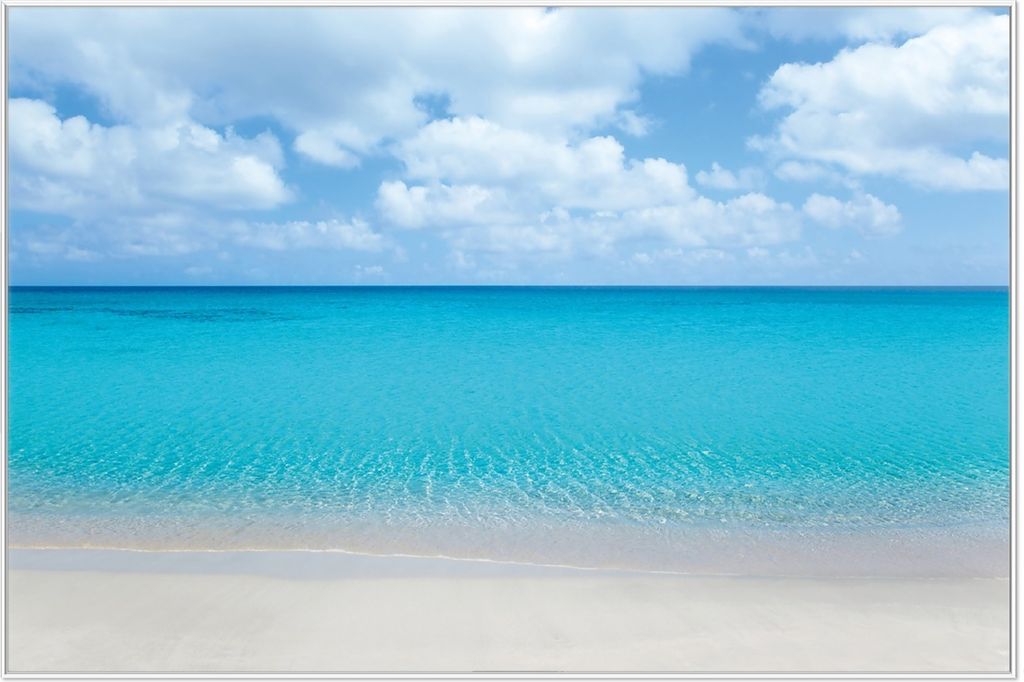 Wallario Wandbild Sandstrand und blaues Meer, Größe: 61 x 91,50 cm, Poster mit weißem Aluminiumrahmen