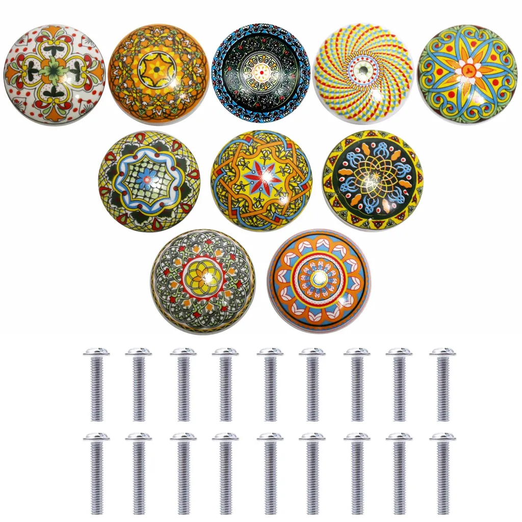 Lot de 10 poignées de meubles en céramique style bohème rondes 39mm