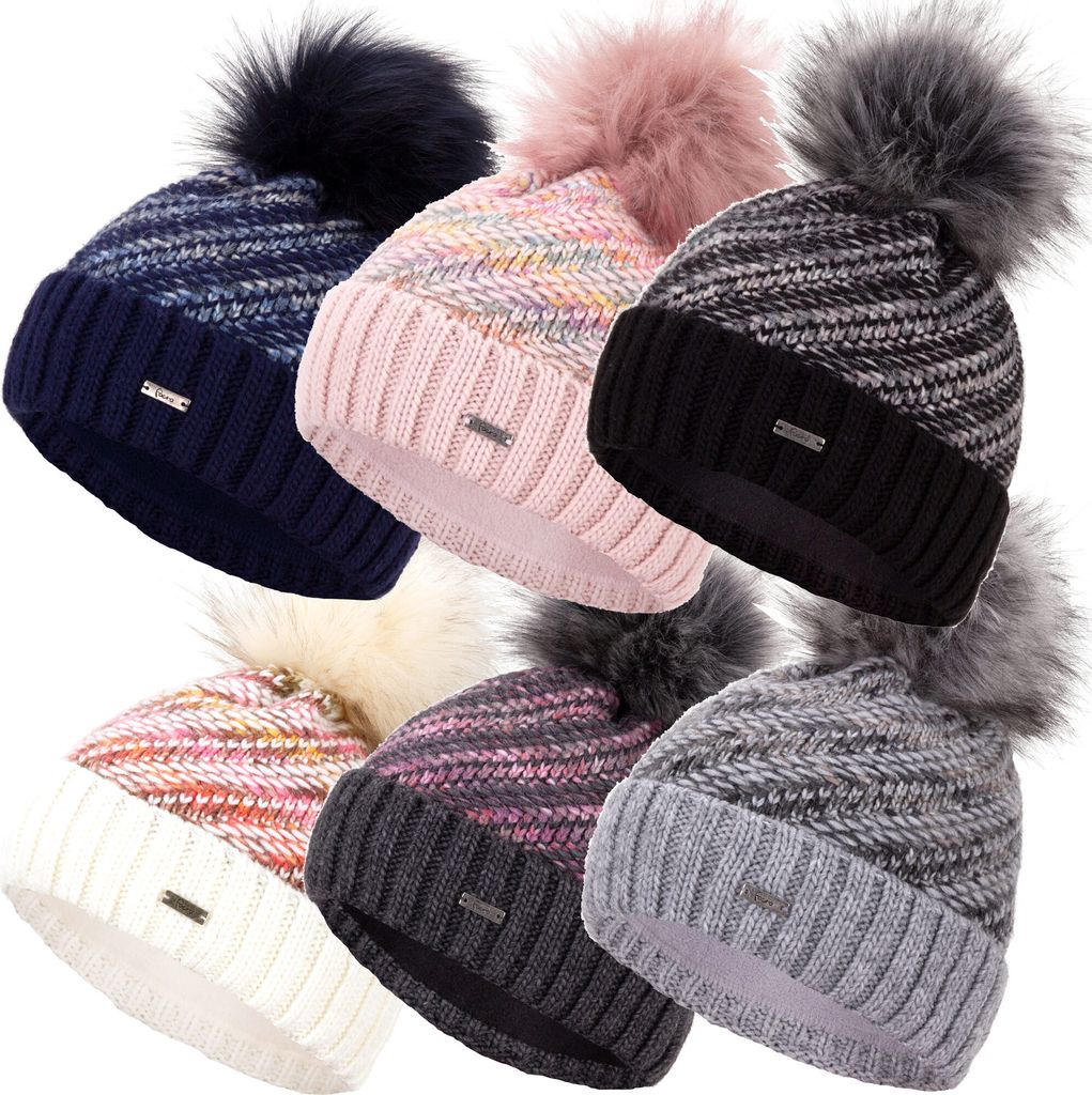 Faera Wintermütze warm gefüttert mit Kunstfell Bommel-Mütze Fleece-Futter Winter Strick-Mütze Beanie-Mütze Damen Herren One-Size, Farbe:Hellgrau