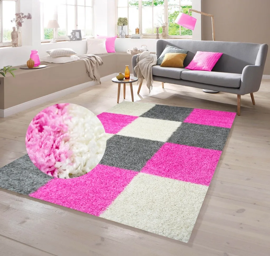 Tapis de salon shaggy à poils longs rose et gris pour chambre