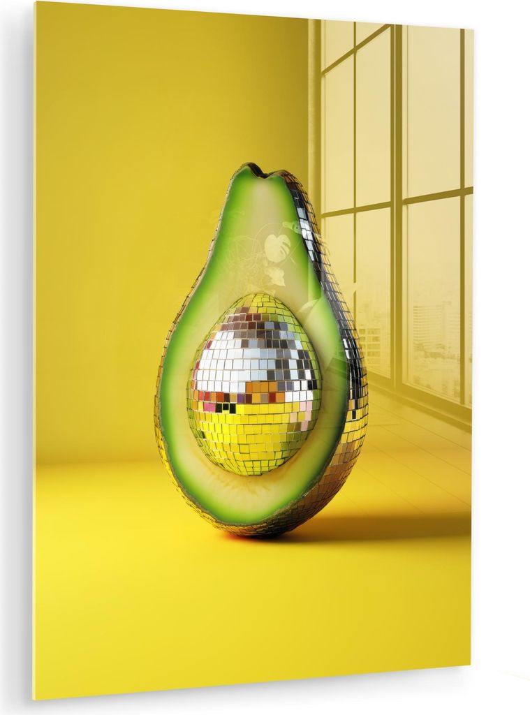 MuchoWow Glasbilder - Bilder auf Wandbild - Foto auf Glas Avocado - Discokugel - Gelb - Glitzer 60x80 cm Wanddekoration aus Glas - Acrylglasbild - ...