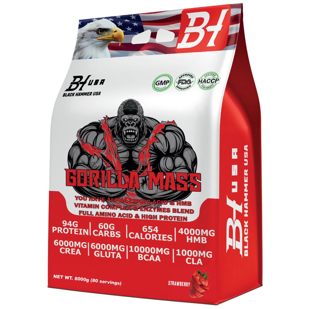 Gorilla Mass 8 kg – Erdbeere | Mass Gainer mit 94 g Protein, Creatin, BCAA & Glutamin | Muskelaufbau Protein für Fitness | Black Hammer USA