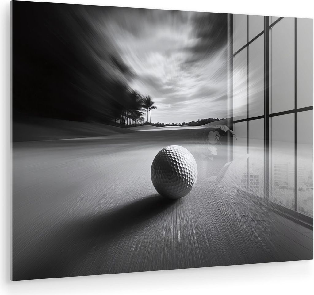 MuchoWow Glasbilder - Bilder auf Wandbild - Foto auf Glas Golfball - Unscharf - Schwarz 80x60 cm Wanddekoration aus Glas - Acrylglasbild - Acrylbil...