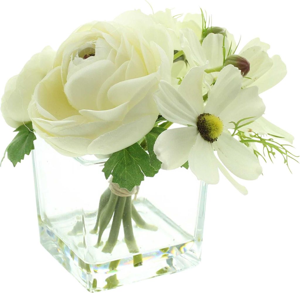 Deko-Set White Vase mit Blumenstrauß – Glasvase, Tischvase