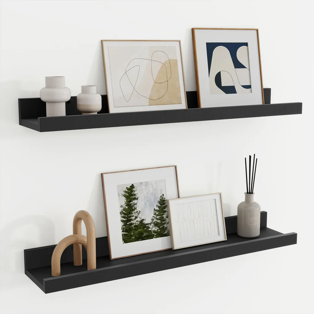 Étagère murale noire pour cadres photos et livres 60 cm bois MDF x2