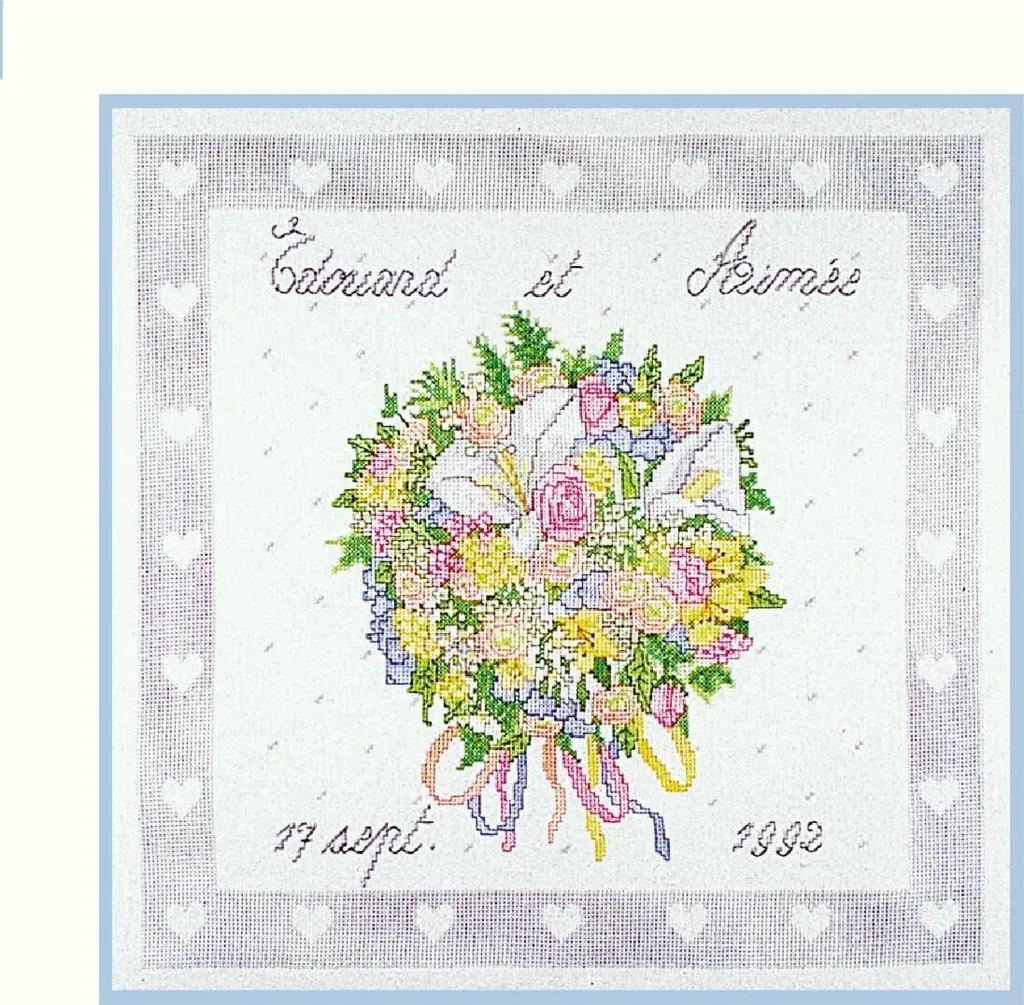 Kit broderie point de croix compté Bouquet de mariée fleurs 36x36cm