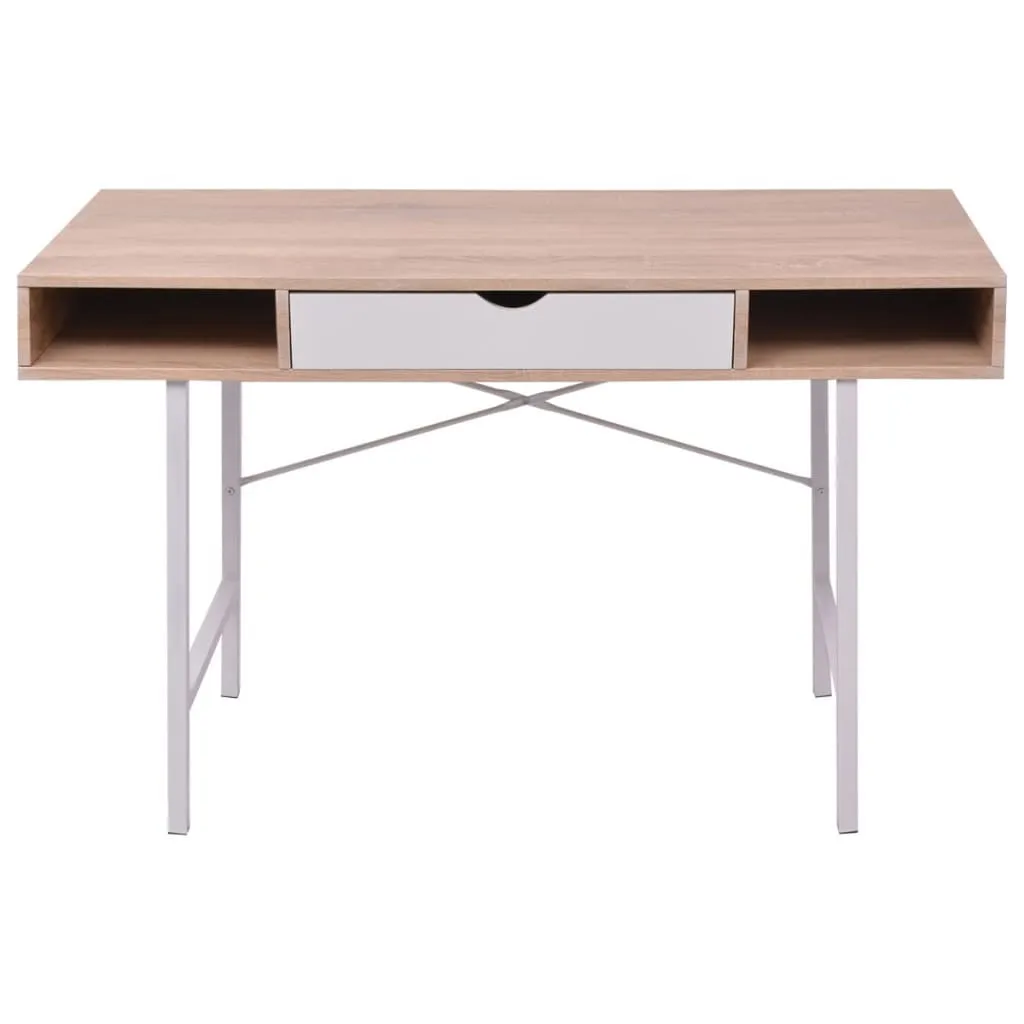 Bureau compact anti-encombrement chêne et blanc avec tiroir de bureau