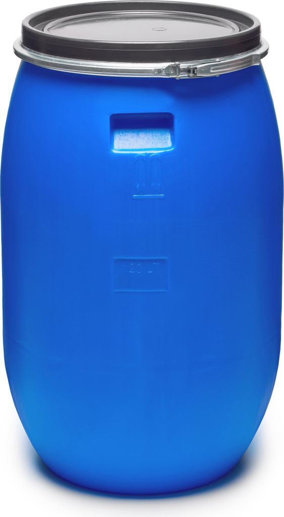 A blue plastic barrel with a lid and clamp closure, shown in a studio setting against a white background.