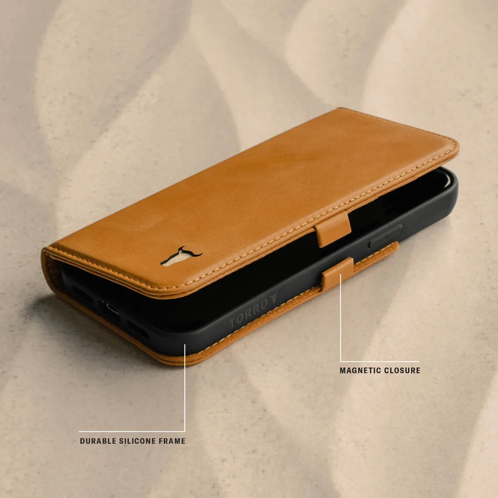 Custodia Portafoglio iPhone 12 TORRO in Pelle Marrone Chiaro - Stand - 2