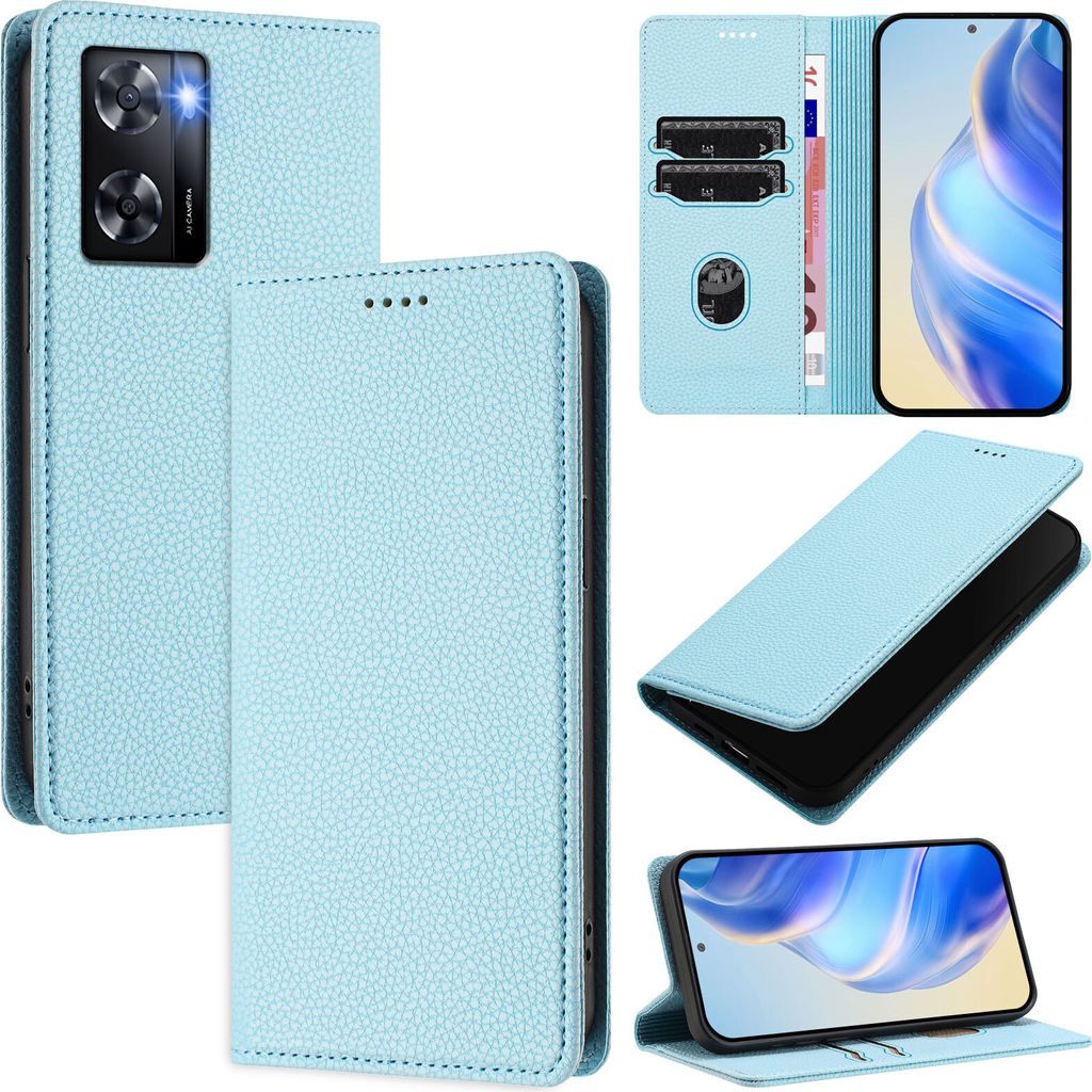 Litchi Leder Handyhülle für Oppo A57 4G/A77 4G/A57S/A57e/A77S Wallet Kartenfächer Standfunktion Hülle Hellblau