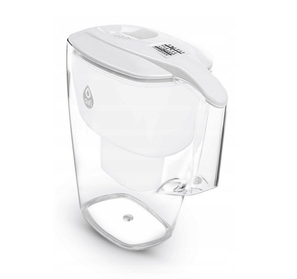 A white and clear water filter pitcher on a white background.