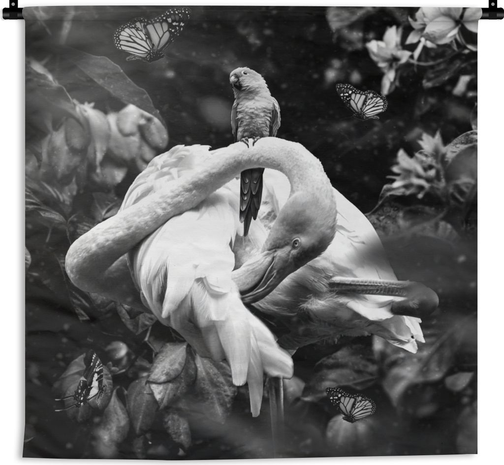 MuchoWow Wandteppich Wandbehang Pflanzen - Flamingo - Dschungel - Schwarz - Weiß 150x150 cm Tapisserie Dekoration Wandtuch - Wohnaccessoires - M...