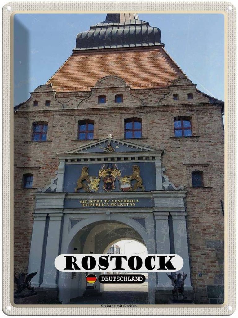 vianmo Blechschild 40x30 cm Rostock Steintor mit Greifen Bildmotiv Reisemotiv Abenteuer Reisen