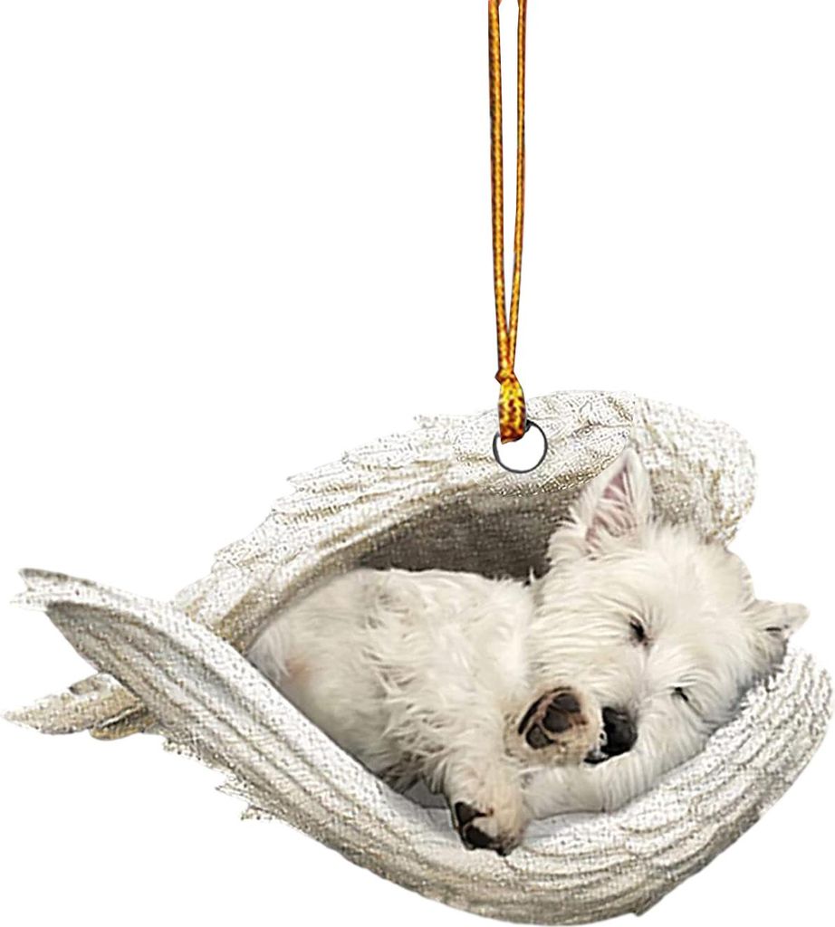 Hund schläft in Engelsflügeln – 2D-Anhänger für den Auto-Rückspiegel – Haustier-Gedenkstück für den Weihnachtsbaum – Auto-Innenausstat...