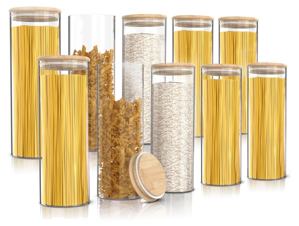 Arendo Vorratsgläser, Glasbehälter-Set 10x 2,2 L Borosilikatglas mit Bambusdeckel, luftdicht, 10er Set, Hitzebeständig, umweltfreundlich, langle...