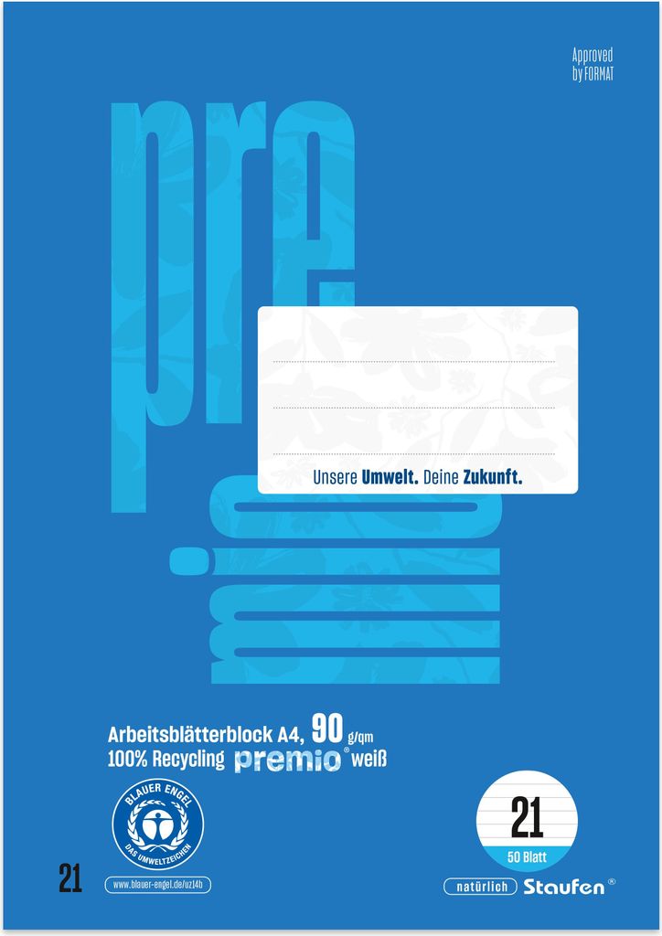 Staufen Premio Arbeitsblätterblock DIN A4, 50 Blatt, 90g/qm, Lineatur 21, 9 mm liniert, 4-Loch, blau