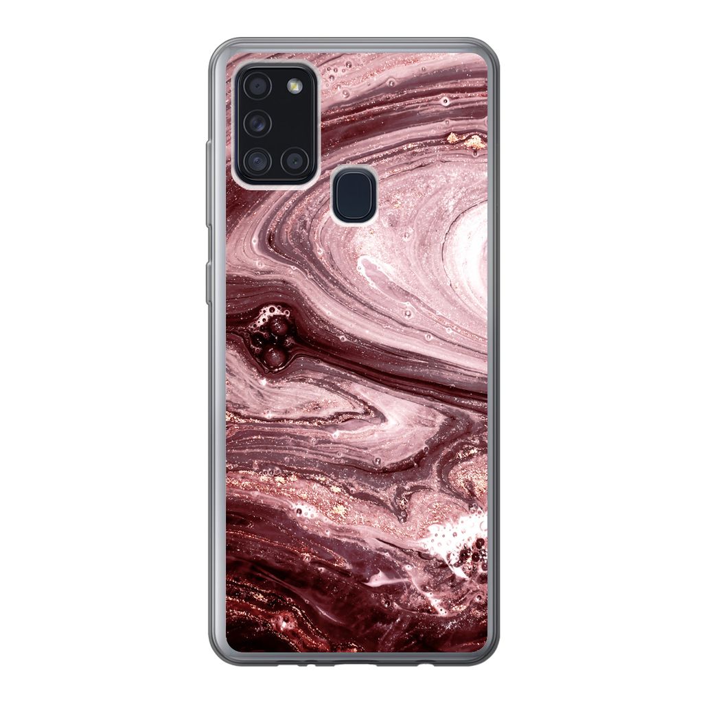 MuchoWow Handyhülle Schutzhülle Hülle für Samsung Galaxy A21s Marmor - Gold - Rosa Silikon Softcase Handy Hülle - Hartschale