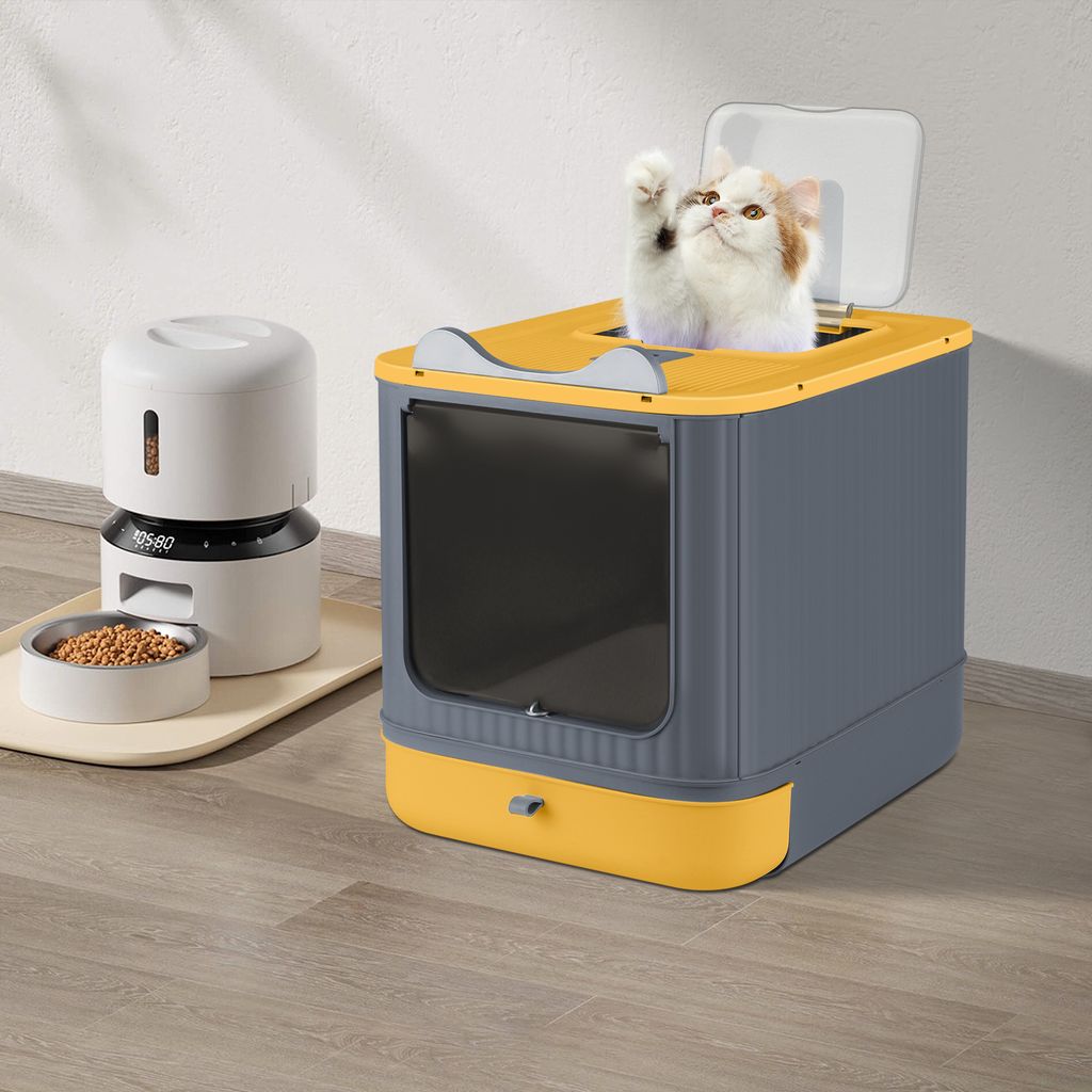 Katzenklo mit Katzenklomatte und Schaufel,Katzentoilette Für Katzen bis 15kg,Katzenklo mit ausziehbares Tablett,Katzenklo Geschlossen 45x37x35cm