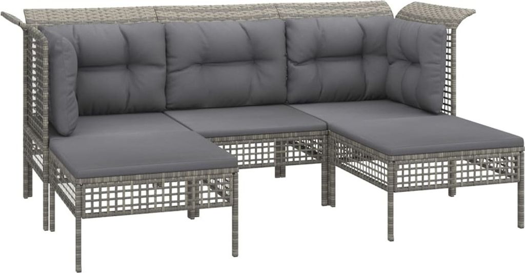 5-tlg. Garten-Lounge-Set mit Kissen Grau Poly Rattan