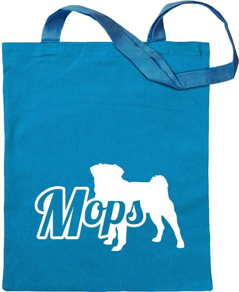 Kiwistar - Baumwolltasche - hellblau - Mops Hund Pug - Tragetasche Stoffbeutel Umhängetasche Langer Henkel