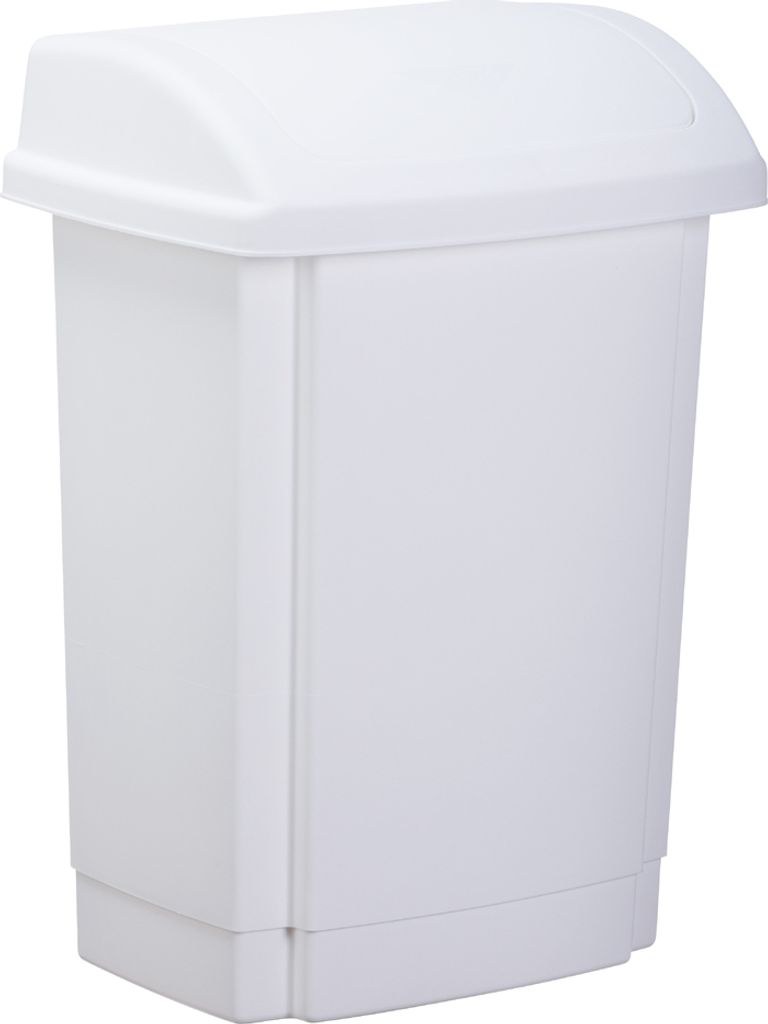 A white plastic trash can with a swing lid.