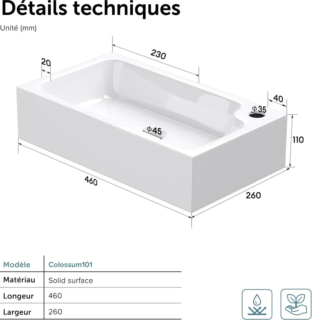 Vasque en Solid Surface Blanc Mat 46x26 Colossum101 - Petit Lavabo