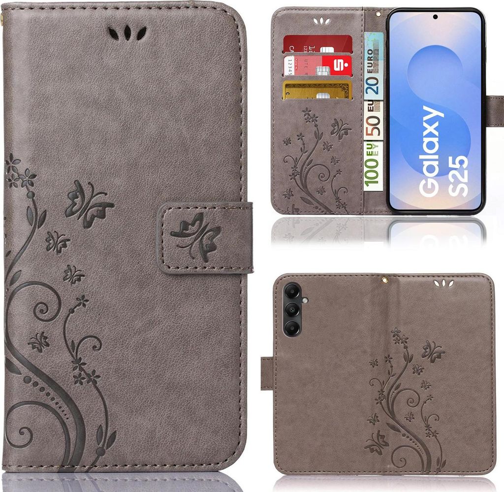Handytasche für Samsung Galaxy S25 Schutz Hülle Handyhülle mit Blumenmuster Klapp Hülle mit Standfunktion und Kartenfächer Farbe: Grau
