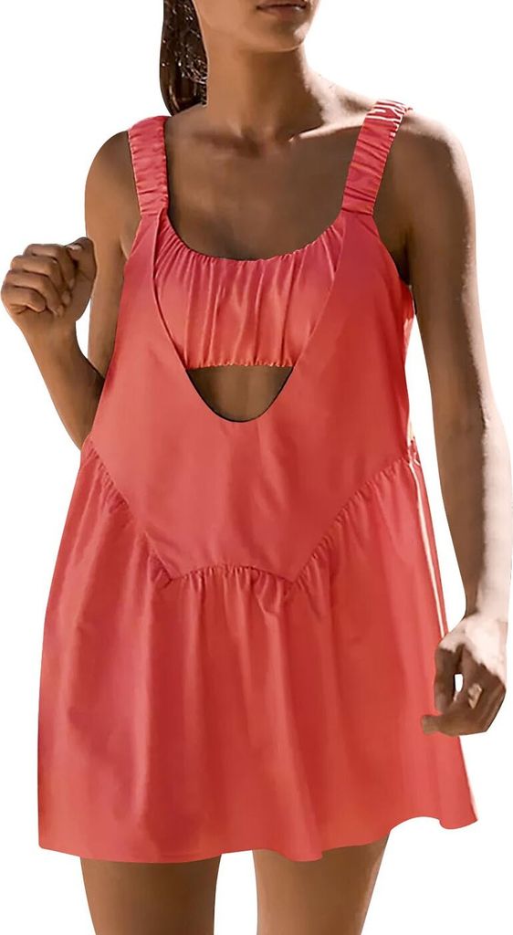 ASKSA Damen Tenniskleid mit BH und Shorts Golf Trainingskleid Sport Ärmellos Tank Mini Tennis Dress, Rot, S