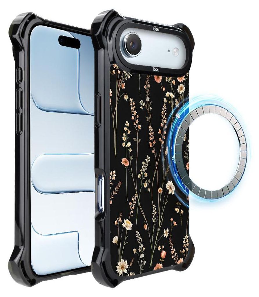 Schutzhülle für das iPhone Air, MagSafe-kompatibel, verstärkte Ecken, schwarz, kleine Blüten auf schwarzem Hintergrund