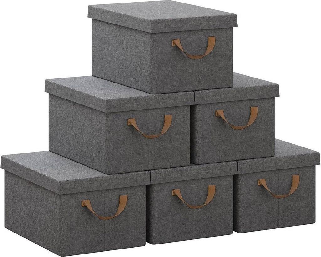 WOLTU 6er Set Aufbewahrungsboxen mit Deckel, mit Griffen, faltbar, Grau, 20L(38x27x20 cm)