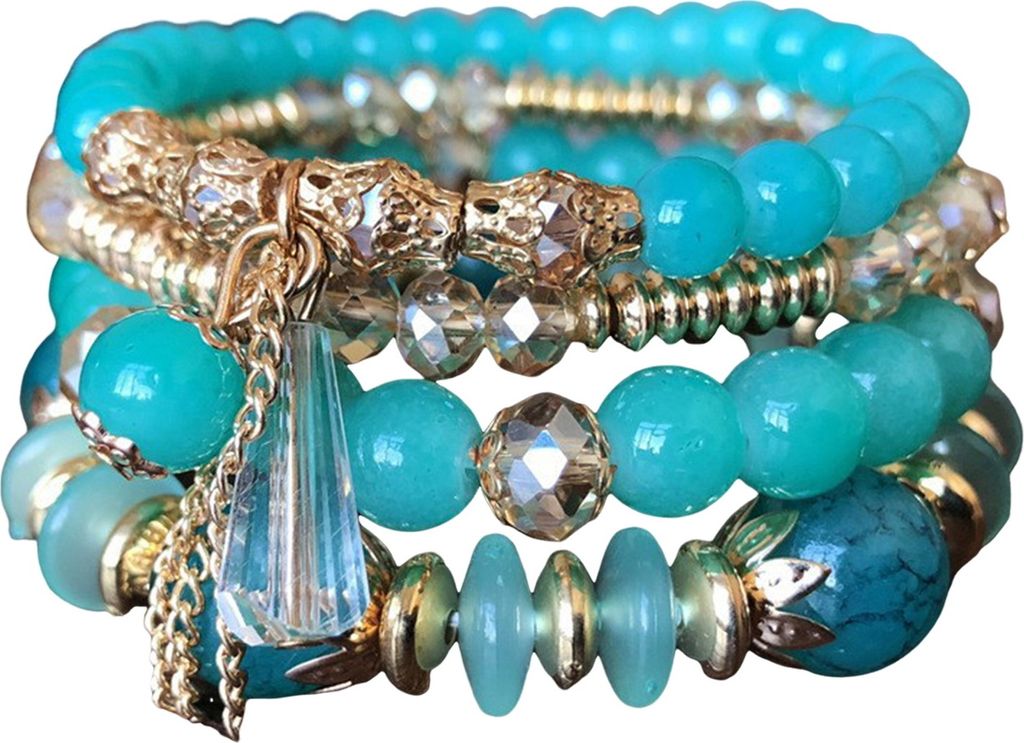 5-teiliges Damen-Armbandset mit Kunstkristallen, glatt, mehrere Anhänger, Schmuck im Retro- und Bohemian-Stil mit elastischer Kordel, mehrlagiges ...