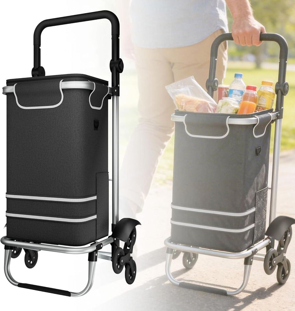 VA-Cerulean Einkaufstrolley Klappbar aus Aluminium 56L, 3in1 Treppensteiger Trolley mit Wasserdichter Tasche und Kühlfach, Einkaufswagen mit Extra...