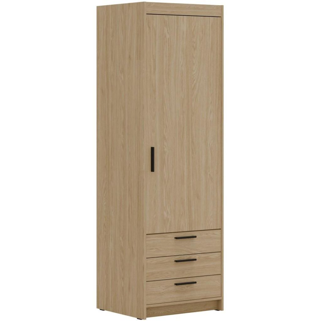 Drehtürenschrank ELENA 1D Eiche geölt mit schwarze Griffe - Kleiderschrank 60 cm mit 3 Schubladen und glatten Tür