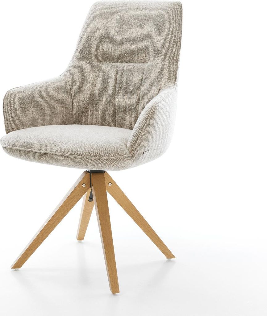 DELIFE Drehstuhl Zelia-Flex mit Armlehnen Webstoff Soft Beige Holzgestell kantig Natur 180° drehbar Taschenfederkern