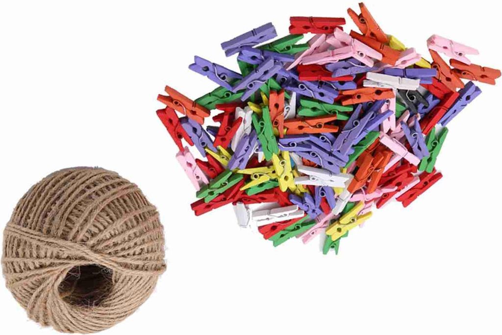 200 Stück natürliche Holz-Mini-Wäscheklammern mit 1 Rolle 50 Meter Juteschnur für Bastelarbeiten und Dekoration