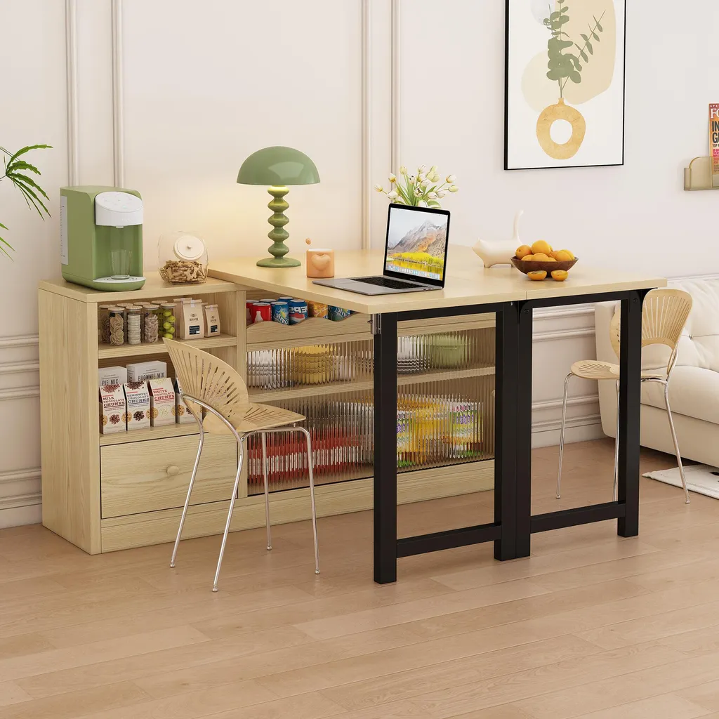 Sweiko Table à manger pliante extensible avec rangement Noir et Nature - 5