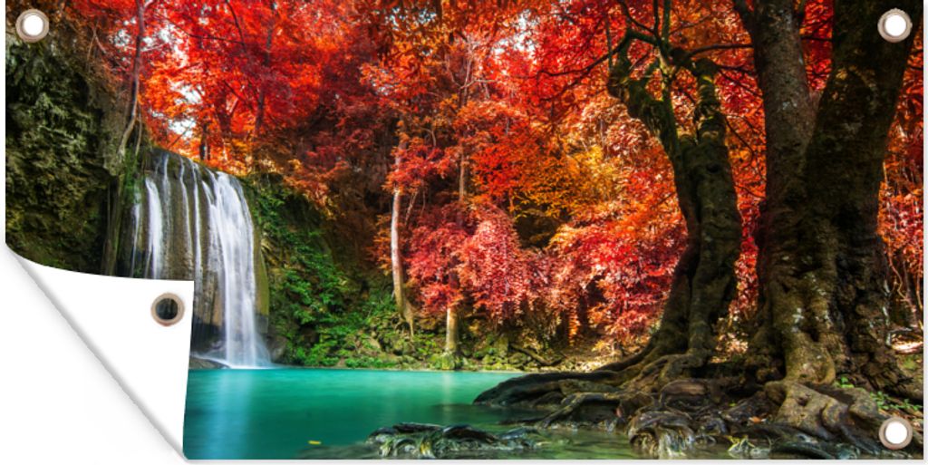MuchoWow 80x40 cm Outdoor-Poster Gartendeko Sichtschutz Garten Poster für den Garten Wasserfall - Baum - Rot - Herbst - Wasser