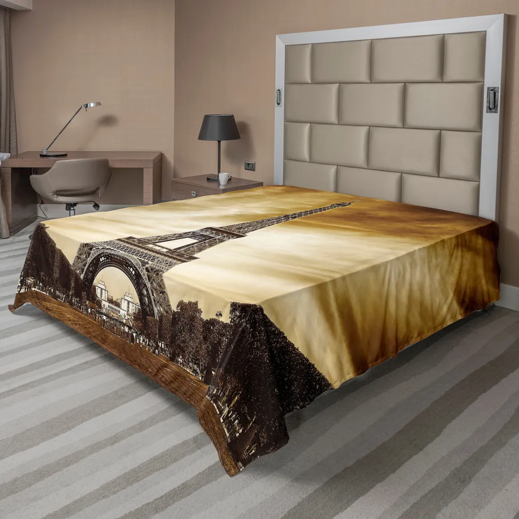 Drap de lit motif abstrait Paris 275x260 cm, textile doux ton jaune-brun