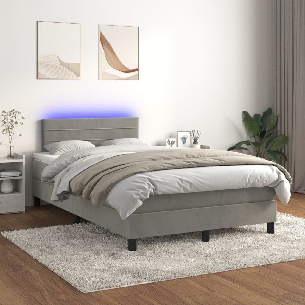 The Living Store Boxspringbett mit Matratze & LED Hellgrau 120x200 cm Samt