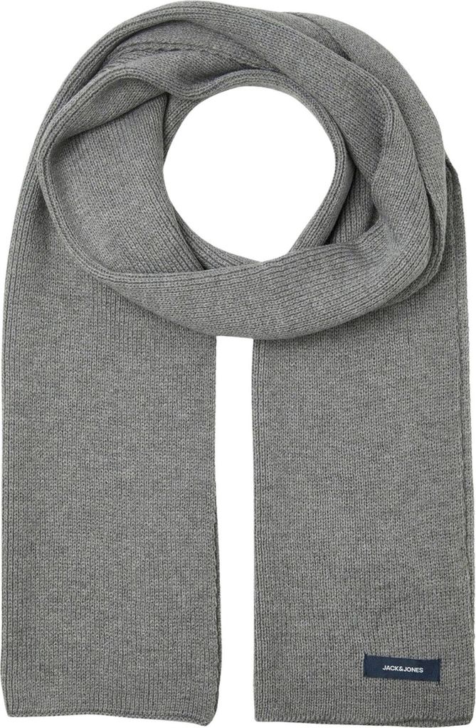 A close-up studio shot of a gray knitted scarf.
