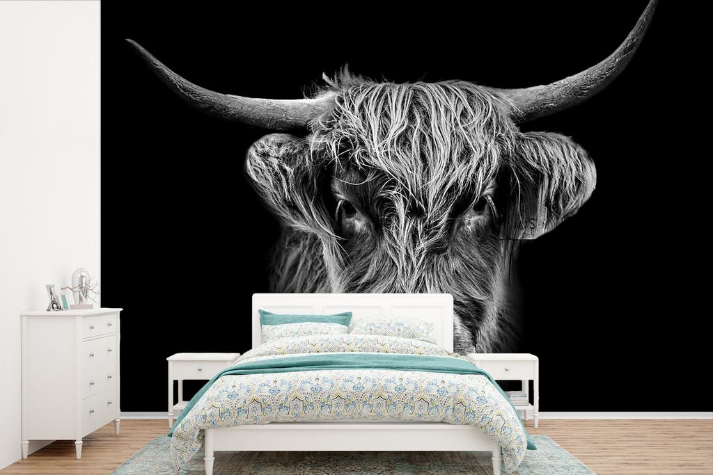 MuchoWow Fototapete für Wohnzimmer oder Schlafzimmer Wandtapete Vinyl Motivtapete Schottischer Highlander - Schwarz - Kuh - Tiere - 390x260 cm -...