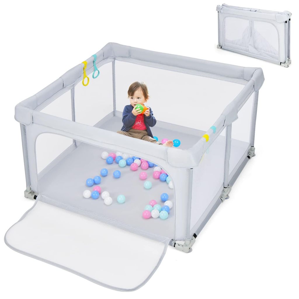 GOPLUS Baby Faltbar Laufstall 124 x 124 cm, Laufgitter mit 50 Bälle & Ringe & Tür, Laufgitterzelt mit atmungsaktivem Netz & Reißverschluss