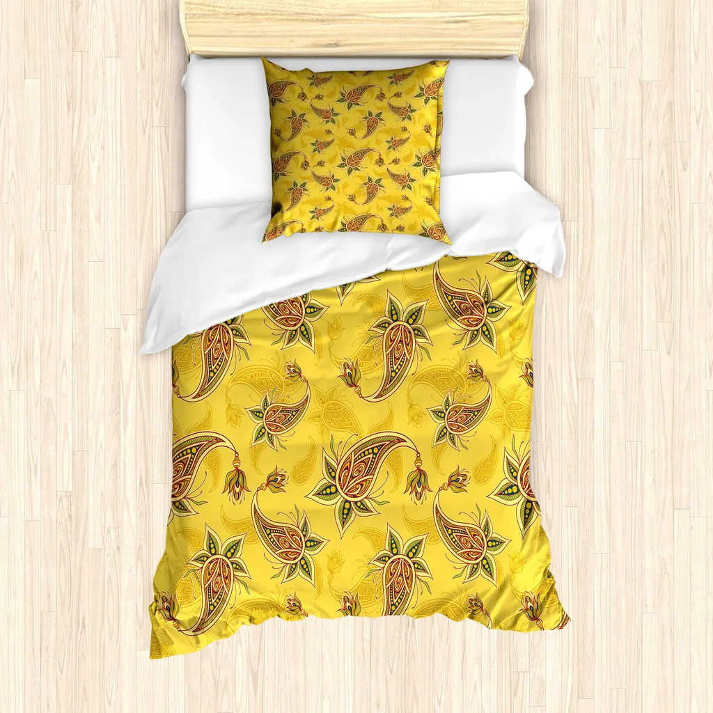 ABAKUHAUS Set copripiumino giallo marrone per letti singoli, motivo paisley folcloristico, antiacaro, adatto a chi soffre di allergie, con federa, 135 cm x 200 cm - 80 x 80 cm, senape e multicolore