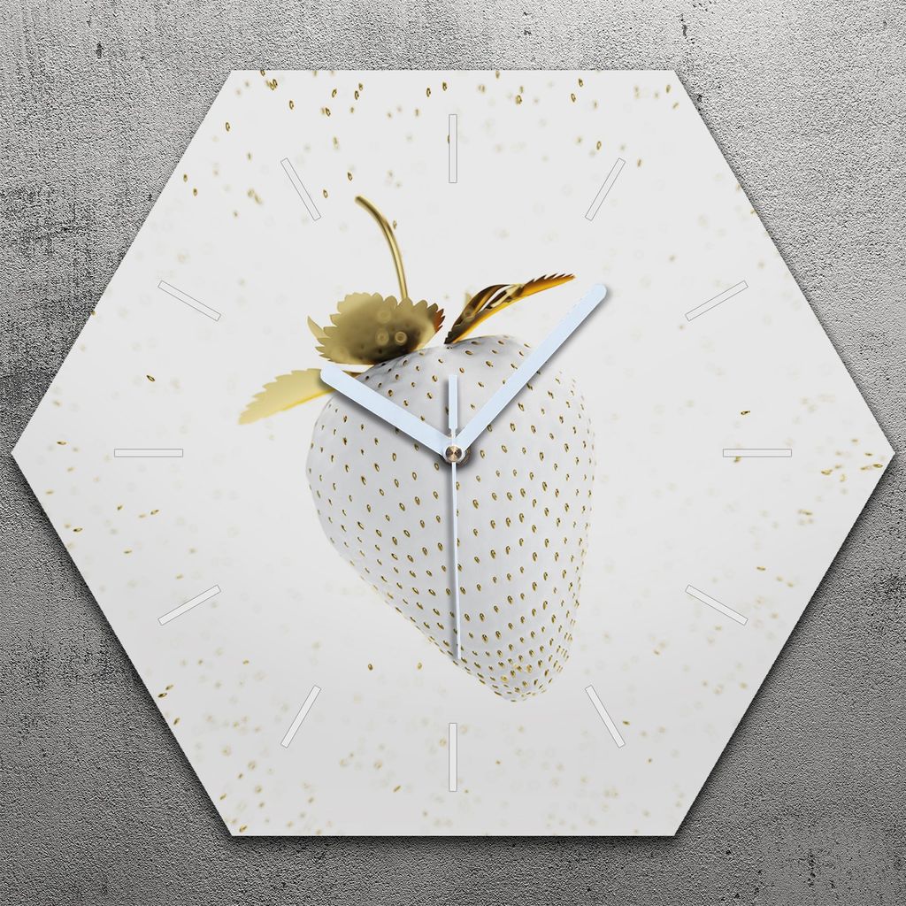 Uhr hexagonal 40 cm Glas Geräuschlos weiße Zeiger - Goldenes Gemüse Früchte