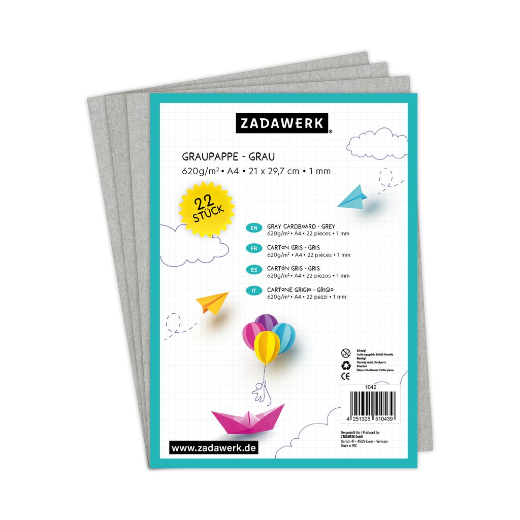ZADAWERK Graupappe - 620 g/m² - DIN A4 - Buchbinderpappe grey - 22 Stück - Bastelkarton - Modellbaupappe - Einlegekarton - Archivpappe - 1 mm dick