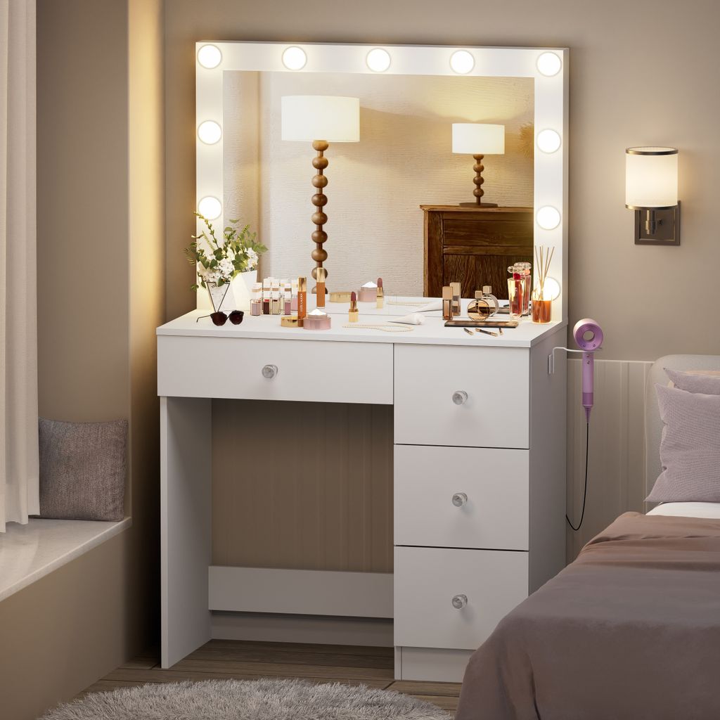Schminktisch mit LED-Beleuchtung, 3 Farben mit einstellbarer Helligkeit, 1 große Schublade & Kommode mit 3 Schubladen, 80 x 135 x 40 cm, Weiß